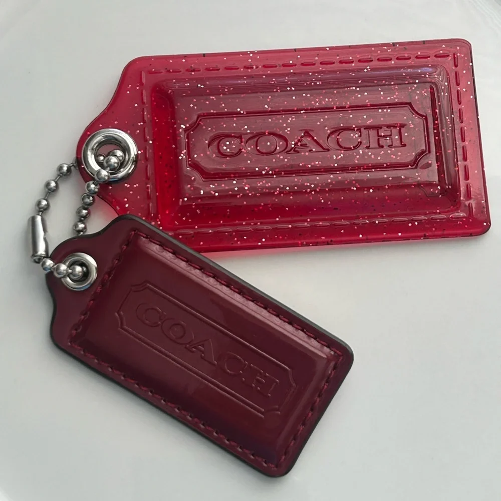 Vintage Coach Poppy hang tags. Raspberry glitter acrylic & patent leather. - Picture 1 of 10